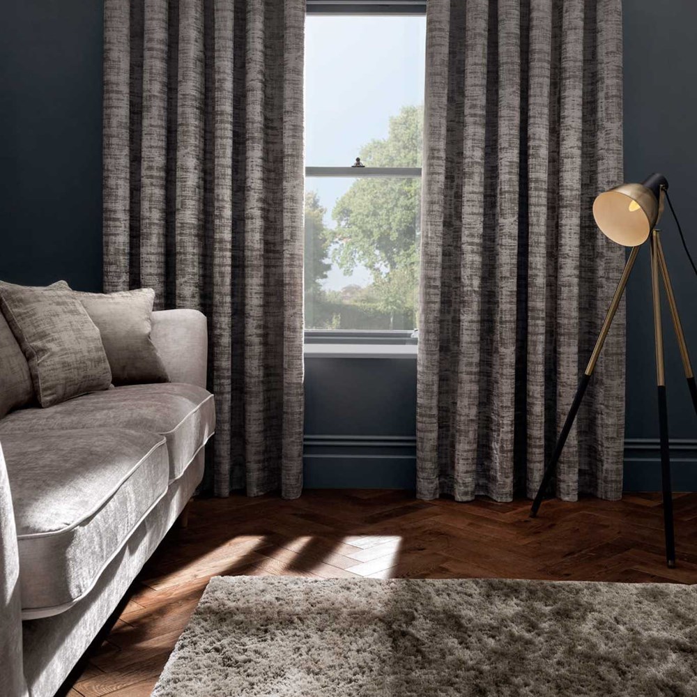 Naples Embossed Velvet Curtains By Clarke And Clarke in Taupe Grey